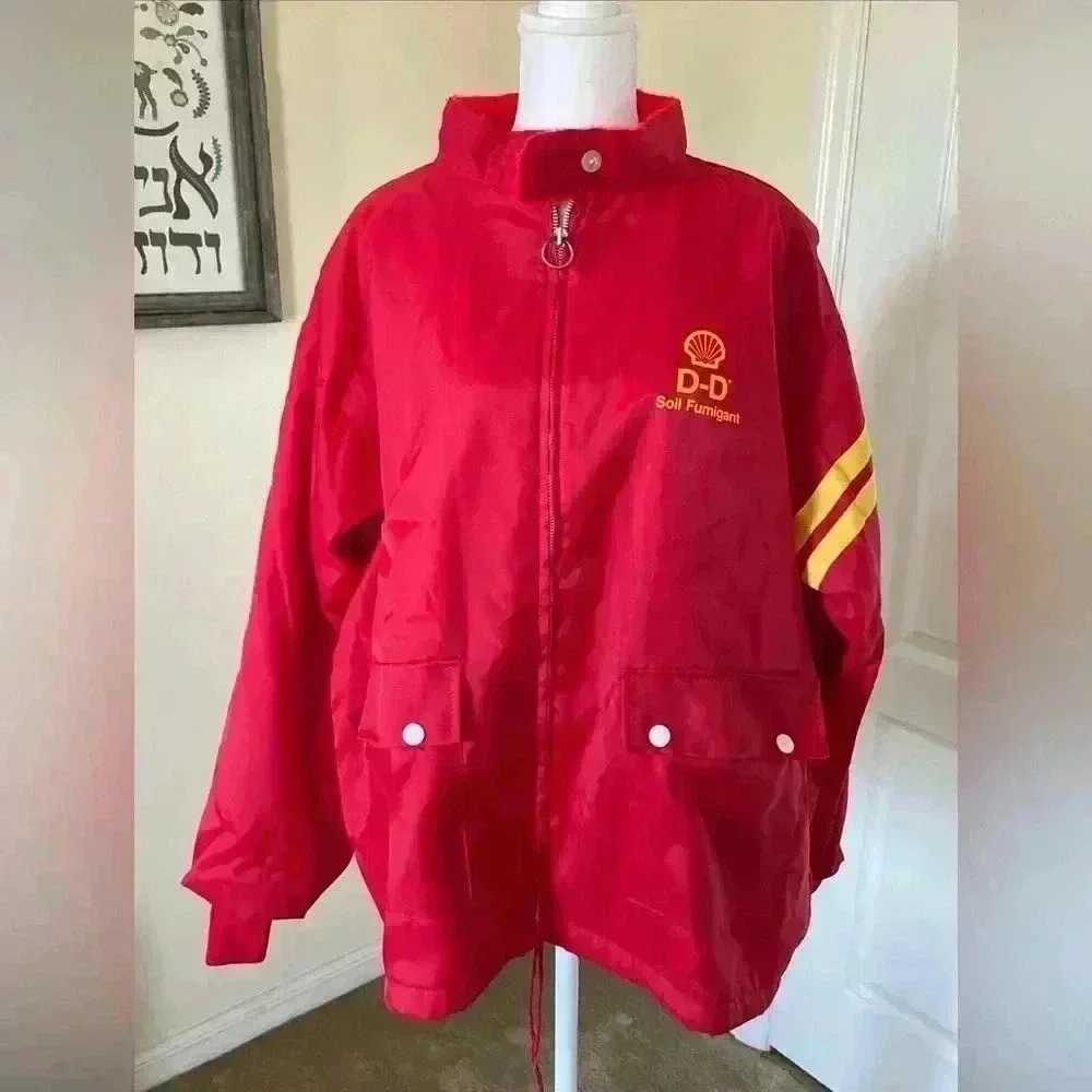 Vintage 70s Ebert Sportswear USA Shell D-D Soil Fumigant Jacket Red Yellow NICE